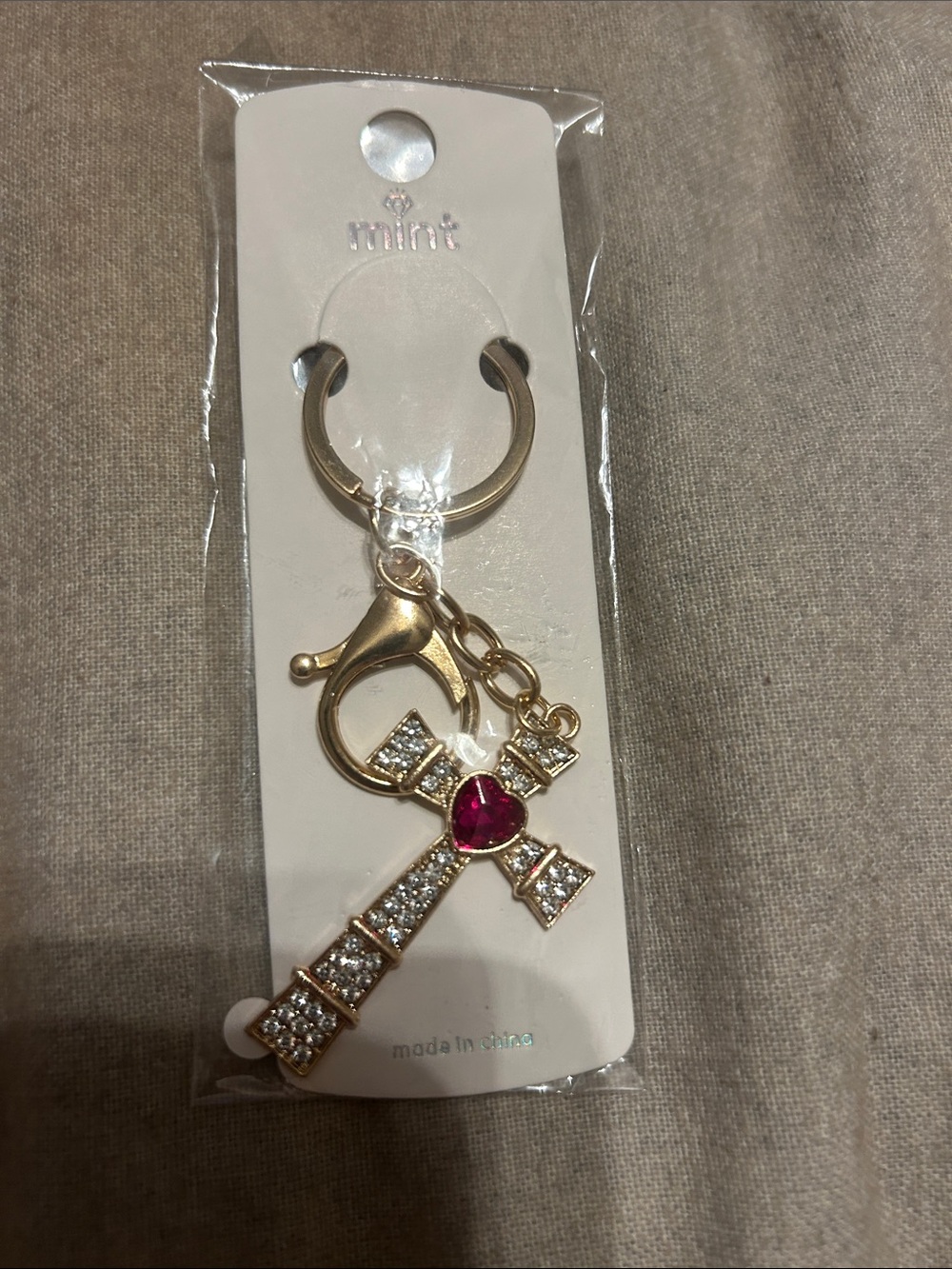 Mint Gold-Tone Rhinestone Cross Keychain with Pink Heart